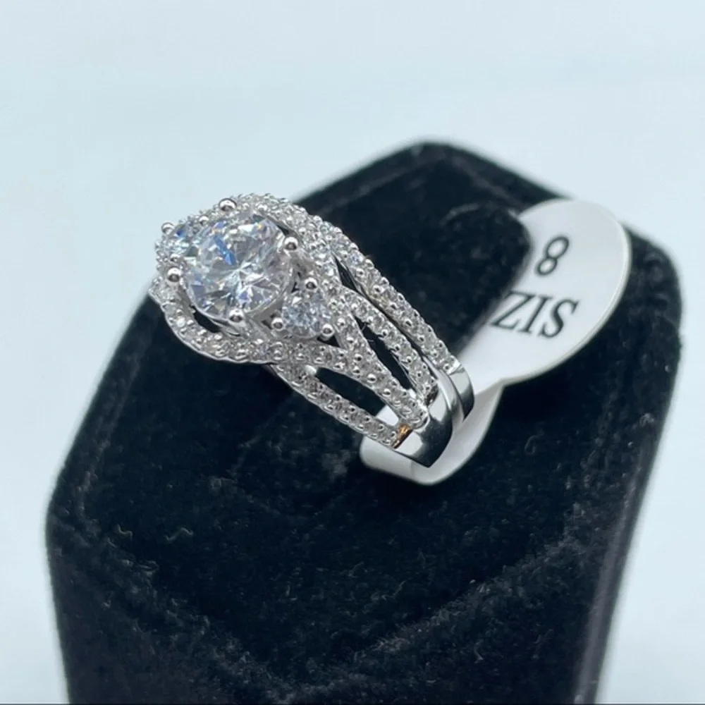 New 925 Sterling Silver CZ Diamond Bridal Wedding Ring Set Halo 2 Band